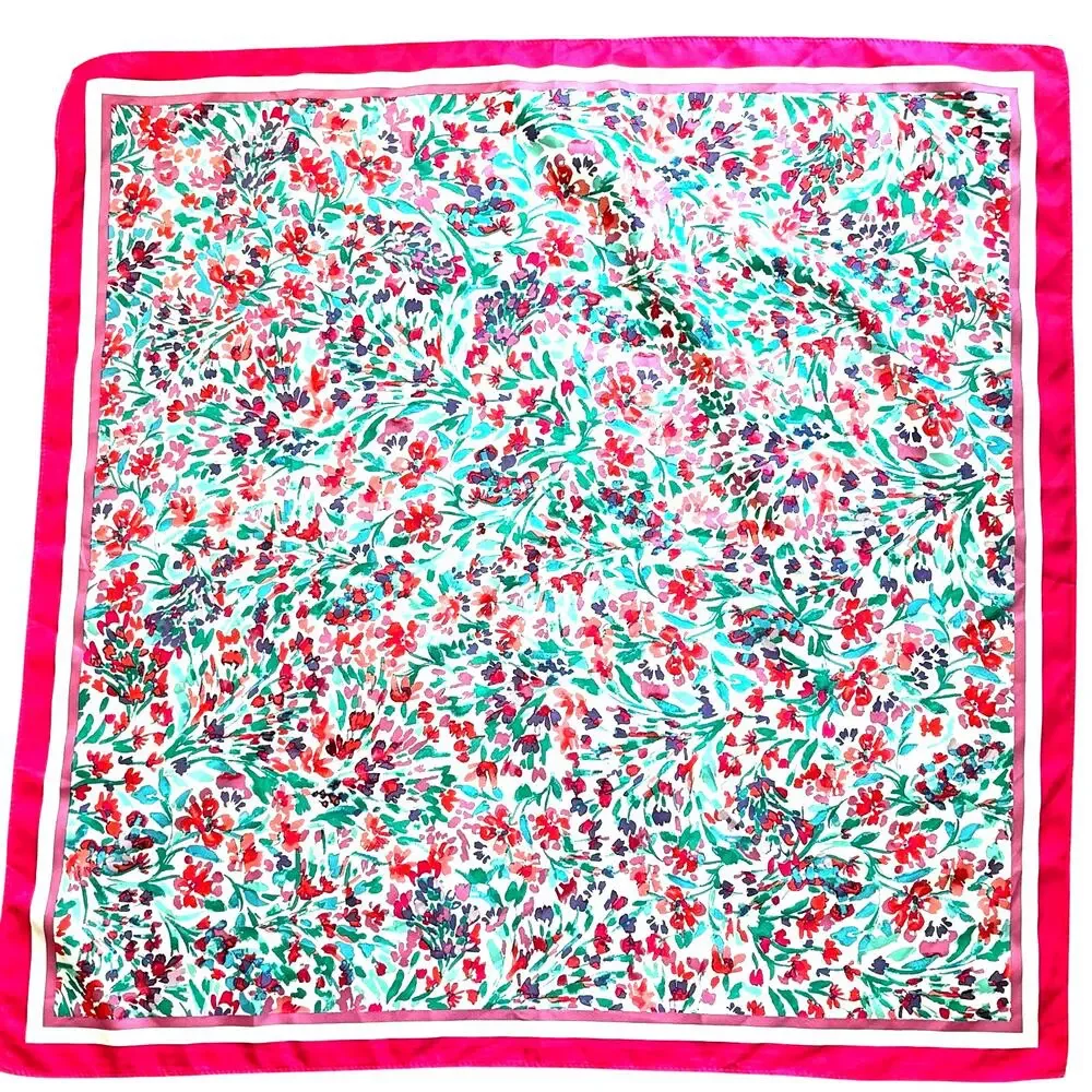 J. Crew square floral scarf white pink orange & green floral with solid border